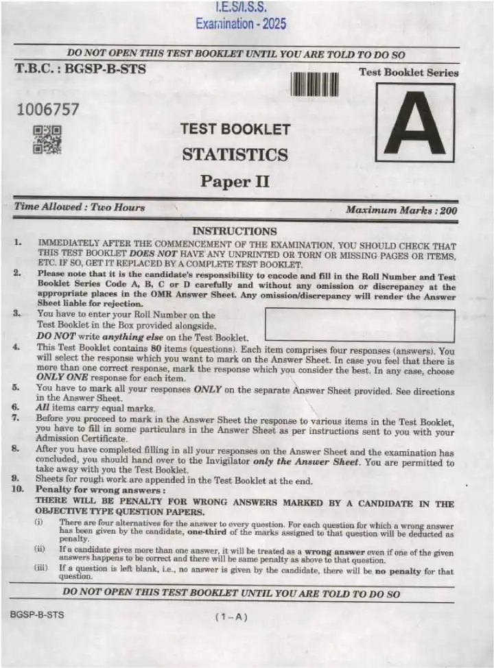 IES ISS 2025 Statistics Paper II question paper page 1 instructions scan PDF download UPSC exam