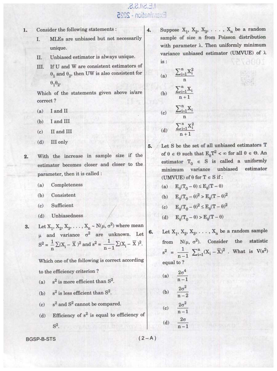 IES ISS 2025 Statistics Paper II question paper page 1 instructions scan PDF download UPSC exam