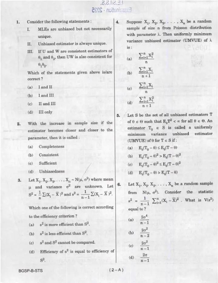 IES ISS 2025 Statistics Paper II question paper page 1 instructions scan PDF download UPSC exam