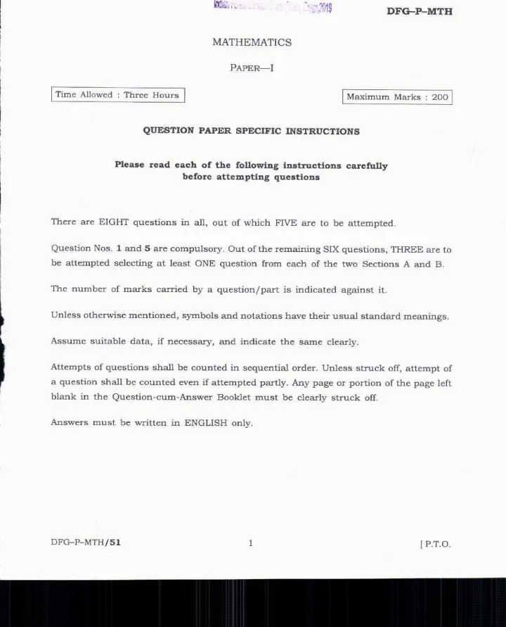 Indian Forest Service 2019 Mathematics Paper-I question paper page 1 instructions scan PDF download UPSC IFS Main Exam