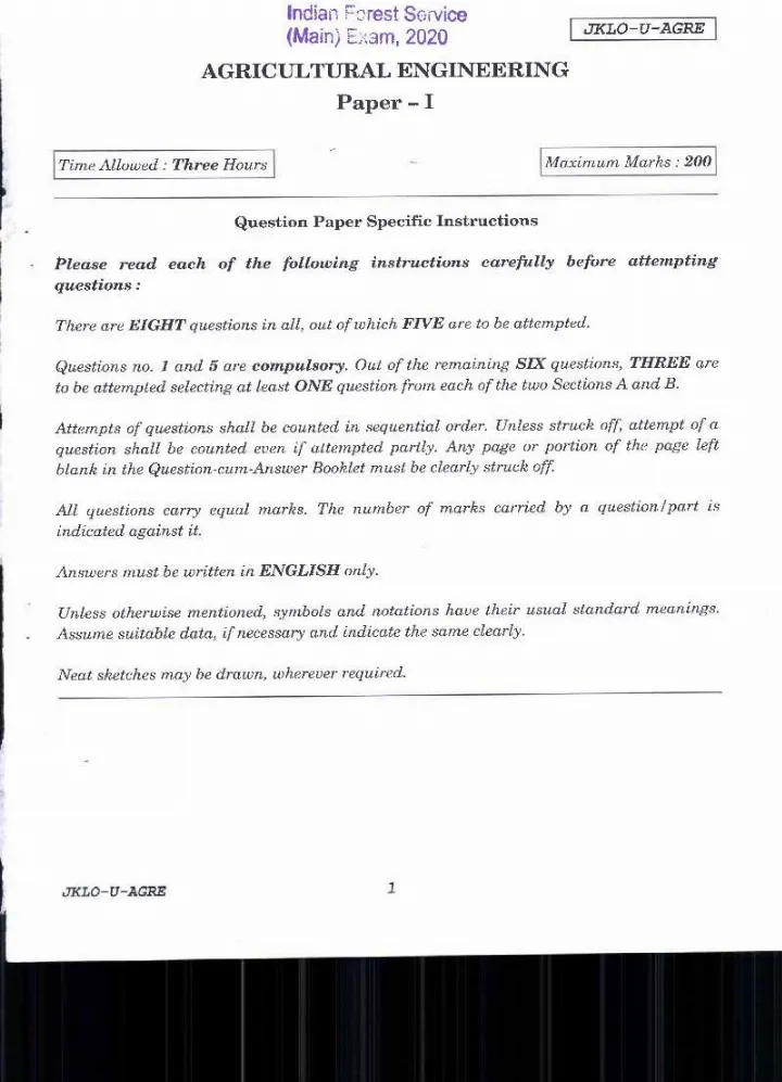 Indian Forest Service 2020 Agricultural Engineering Paper I question paper page 1 instructions scan PDF download UPSC IFS Main Exam