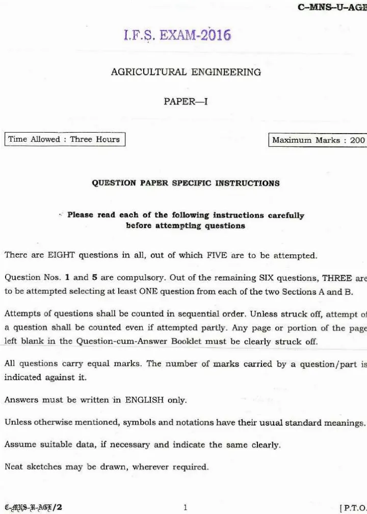 Indian Forest Service 2016 Agricultural Engineering Paper-I question paper page 1 instructions scan PDF download UPSC IFS