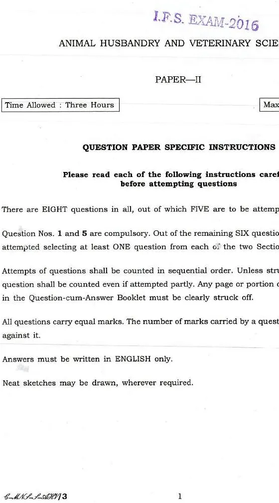 Indian Forest Service 2016 Animal Husbandry and Veterinary Science Paper II question paper page 1 instructions scan PDF download UPSC