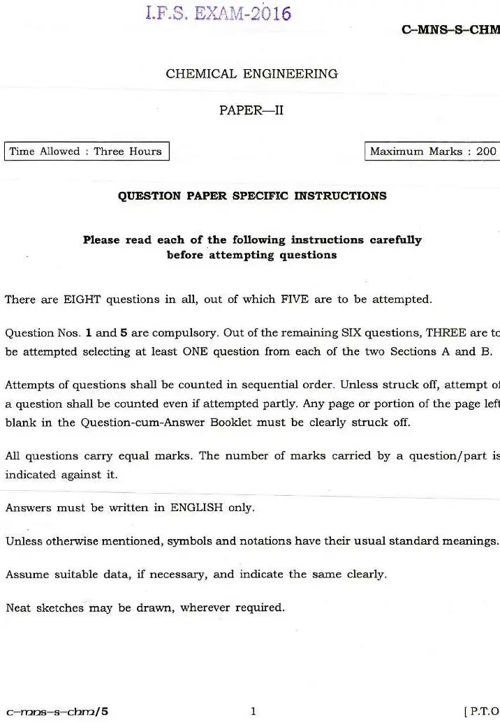 Indian Forest Service (IFS) Exam 2016 Chemical Engineering Paper-II page 1 scan PDF download, featuring exam header and instructions for candidates.