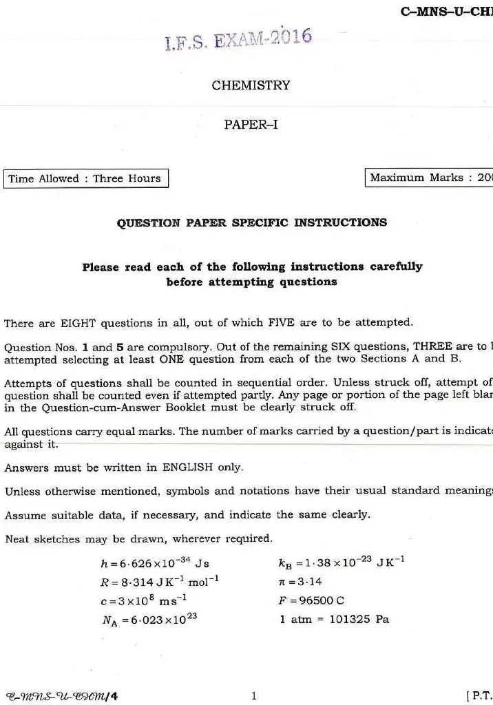 Indian Forest Service Exam 2016 Chemistry Paper I question paper page 1 instructions scan PDF download