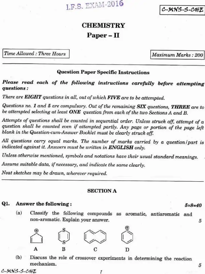 Indian Forest Service Exam 2016 Chemistry Paper II question paper page 1 instructions and header scan PDF download