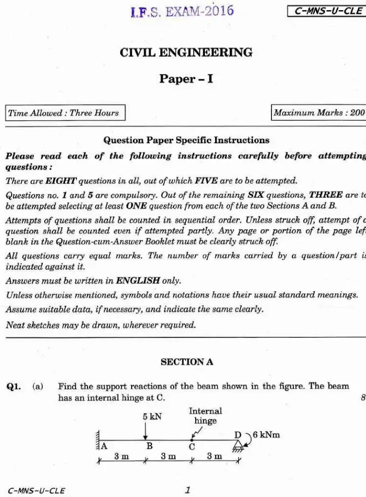 Indian Forest Service Exam 2016 Civil Engineering Paper I question paper page 1 instructions and header scan PDF download