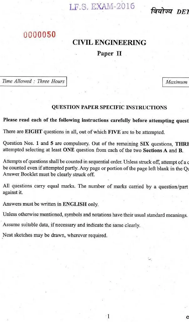 Indian Forest Service Exam 2016 Civil Engineering Paper II question paper page 1 instructions scan PDF download UPSC IFS