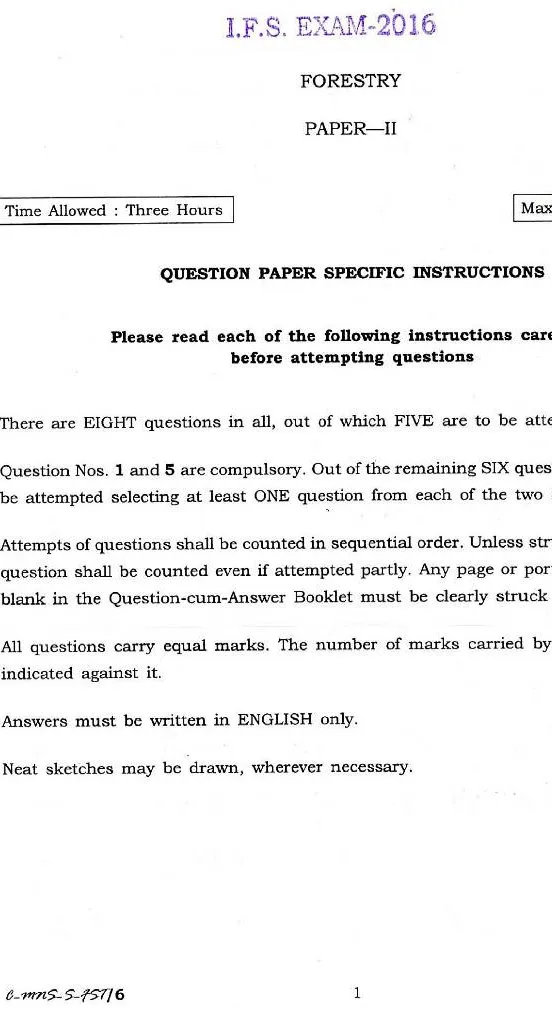Indian Forest Service (IFS) 2016 Forestry Paper II question paper page 1 scan showing exam name, marks, time, and specific instructions for candidates. PDF download.