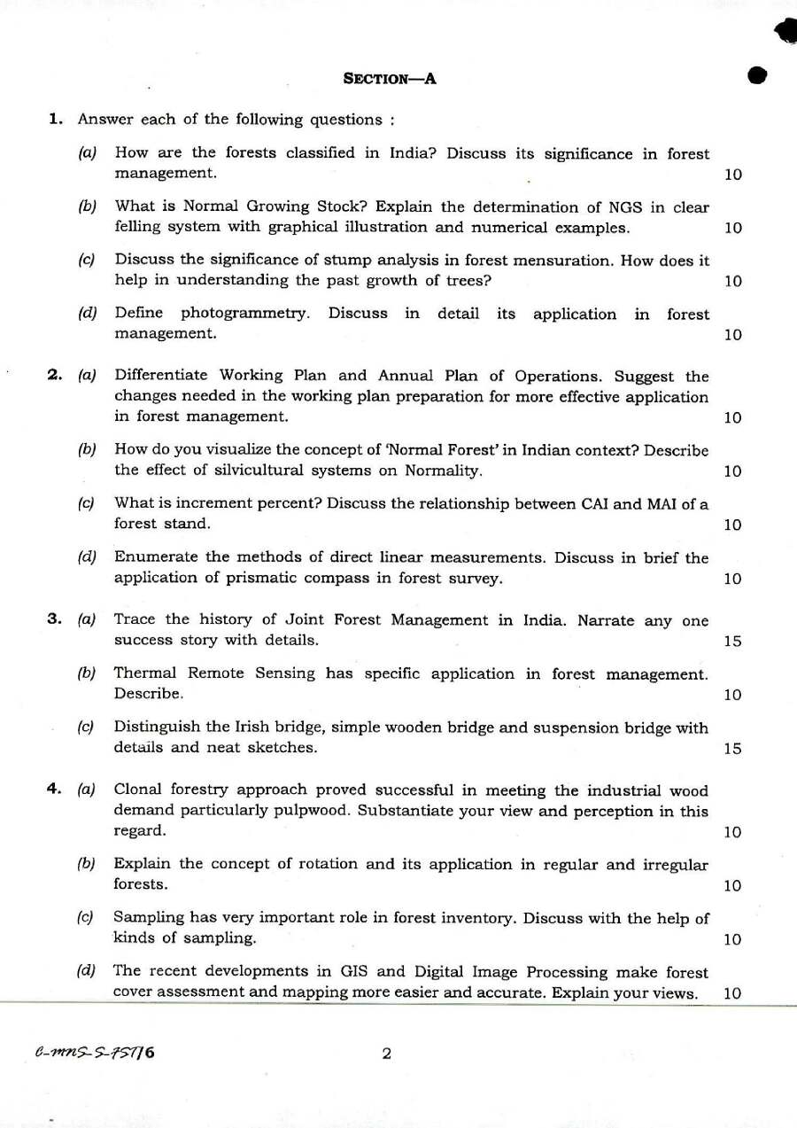 Indian Forest Service (IFS) 2016 Forestry Paper II question paper page 1 scan showing exam name, marks, time, and specific instructions for candidates. PDF download.