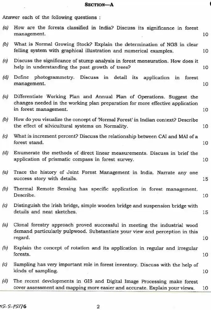 Indian Forest Service (IFS) 2016 Forestry Paper II question paper page 1 scan showing exam name, marks, time, and specific instructions for candidates. PDF download.