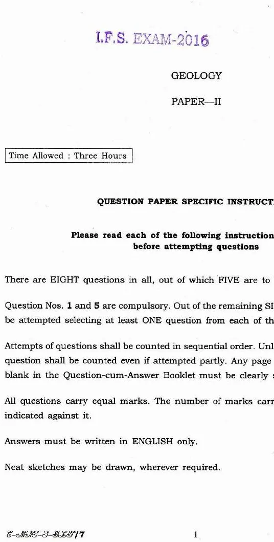 Indian Forest Service Exam 2016 Geology Paper II question paper page 1 instructions and header scan PDF download
