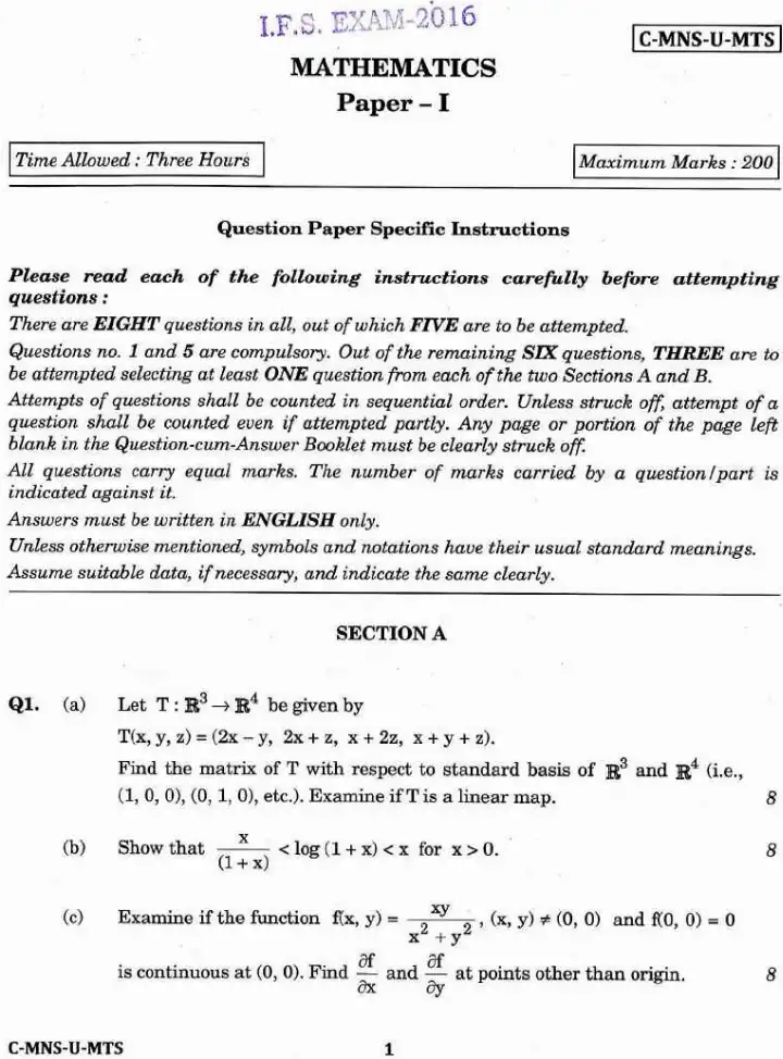 Indian Forest Service Exam 2016 Mathematics Paper I question paper page 1 instructions and header scan PDF download