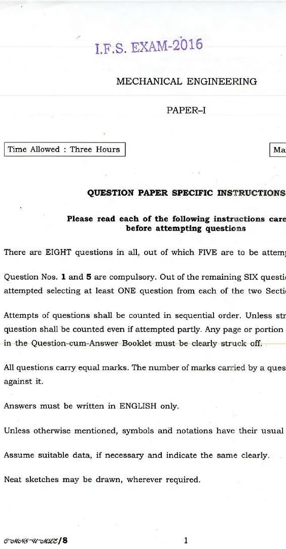 Indian Forest Service 2016 Mechanical Engineering Paper I question paper page 1 instructions scan PDF download UPSC