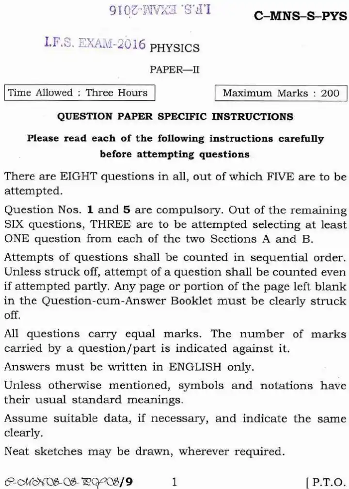 Indian Forest Service Exam 2016 Physics Paper-II page 1 instructions scan PDF download UPSC IFS previous year paper