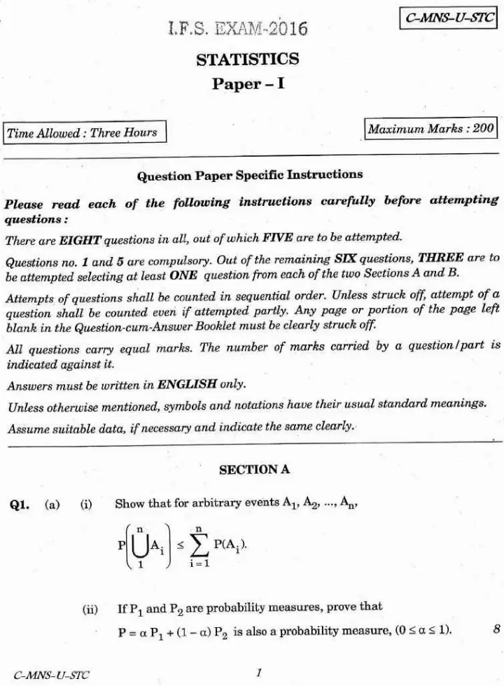 Indian Forest Service Exam 2016 Statistics Paper I question paper page 1 instructions scan PDF download