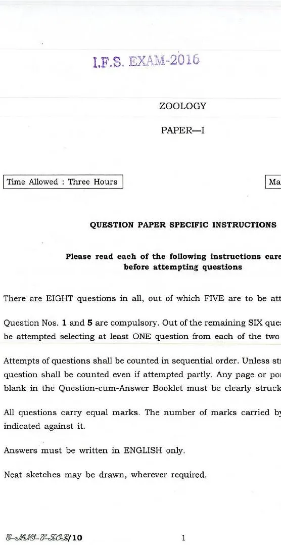 Indian Forest Service 2016 Zoology Paper-I question paper page 1 instructions scan PDF download UPSC