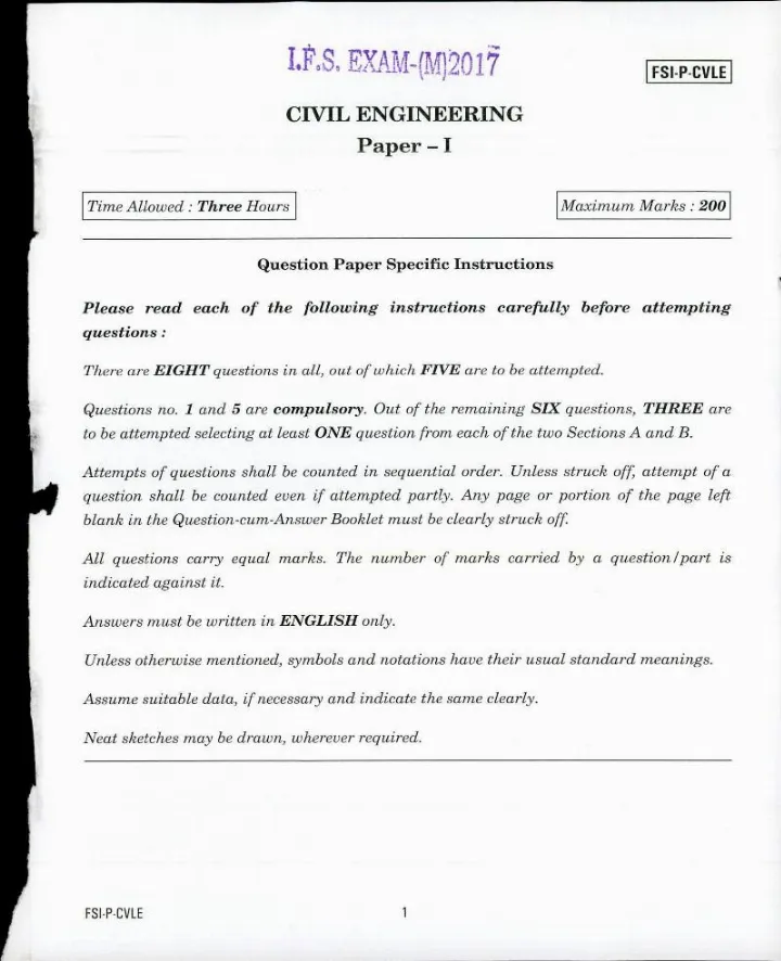 Indian Forest Service Main 2017 Civil Engineering Paper I question paper page 1 scan PDF download, showing exam instructions and header.