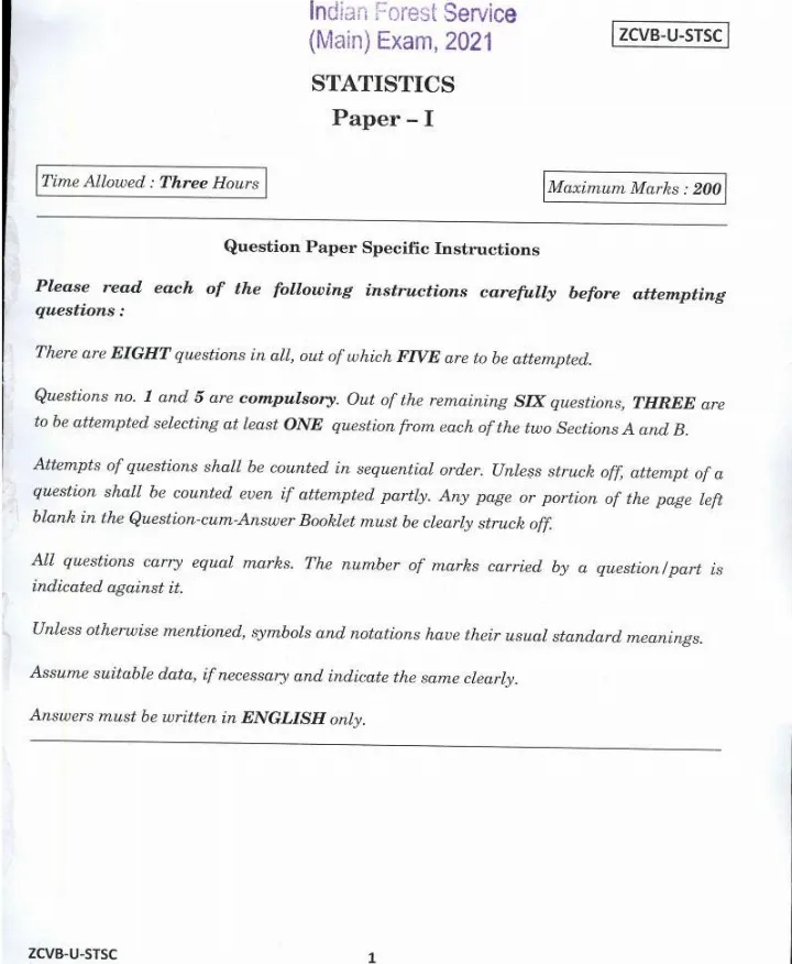 Indian Forest Service (Main) Examination 2021 Statistics Paper I question paper page 1 instructions scan PDF download