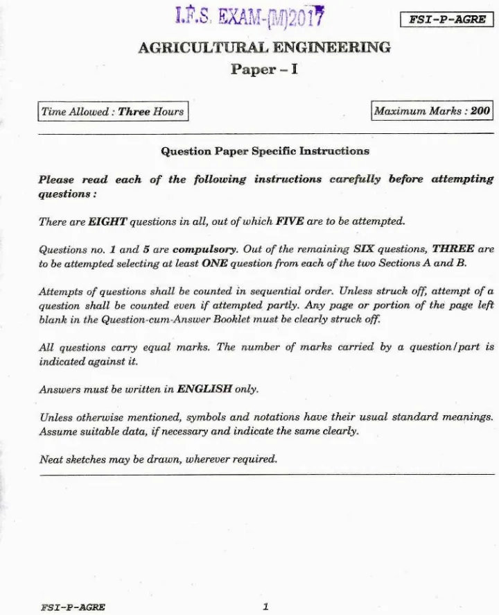 Indian Forest Service 2017 Agricultural Engineering Paper I PDF — page 1 instructions scan PDF download