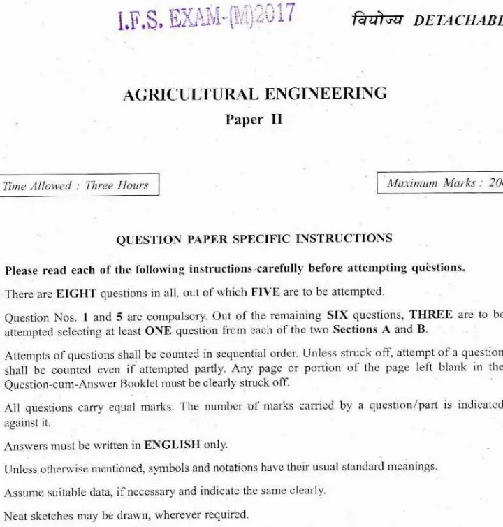 Indian Forest Service Main 2017 Agricultural Engineering Paper II question paper page 1 scan PDF download. UPSC IFS exam instructions and header.