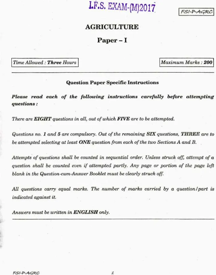 Indian Forest Service 2017 Agriculture Paper I question paper page 1 instructions scan PDF download UPSC IFS Main Exam