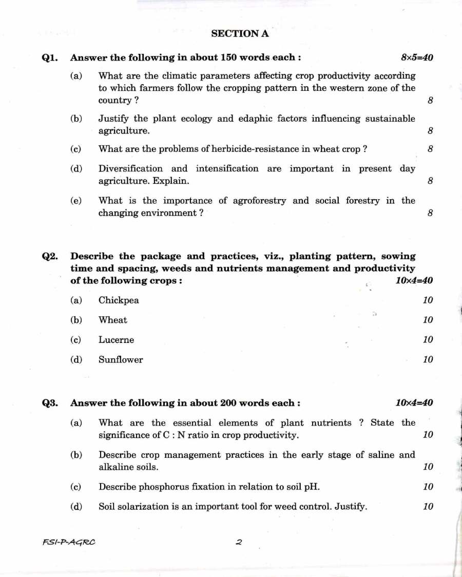 Indian Forest Service 2017 Agriculture Paper I question paper page 1 instructions scan PDF download UPSC IFS Main Exam