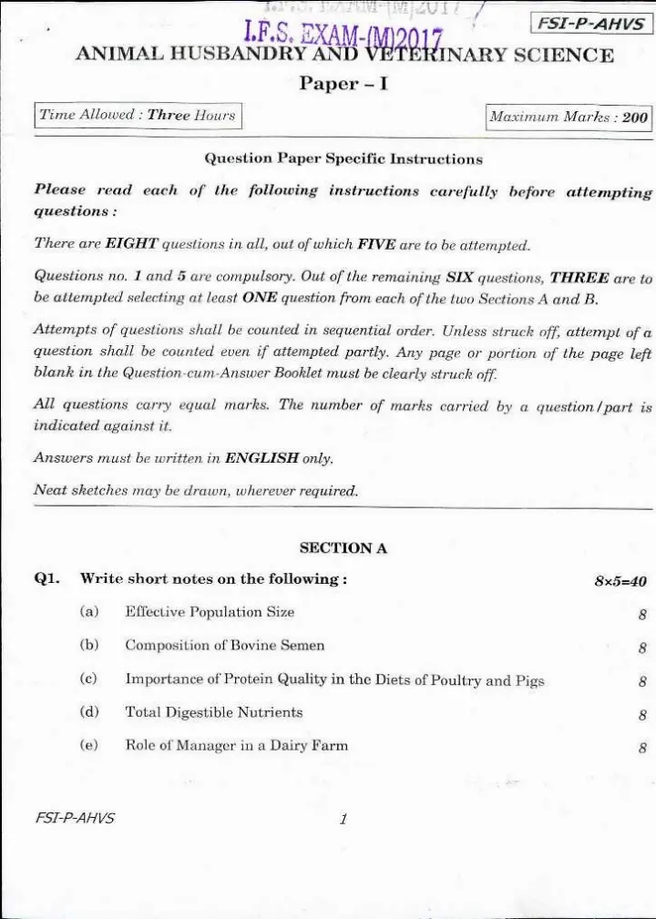Indian Forest Service Main Examination 2017 Animal Husbandry and Veterinary Science Paper I page 1 instructions scan PDF download. UPSC IFS Main 2017 Animal Husbandry Paper I instructions scan.