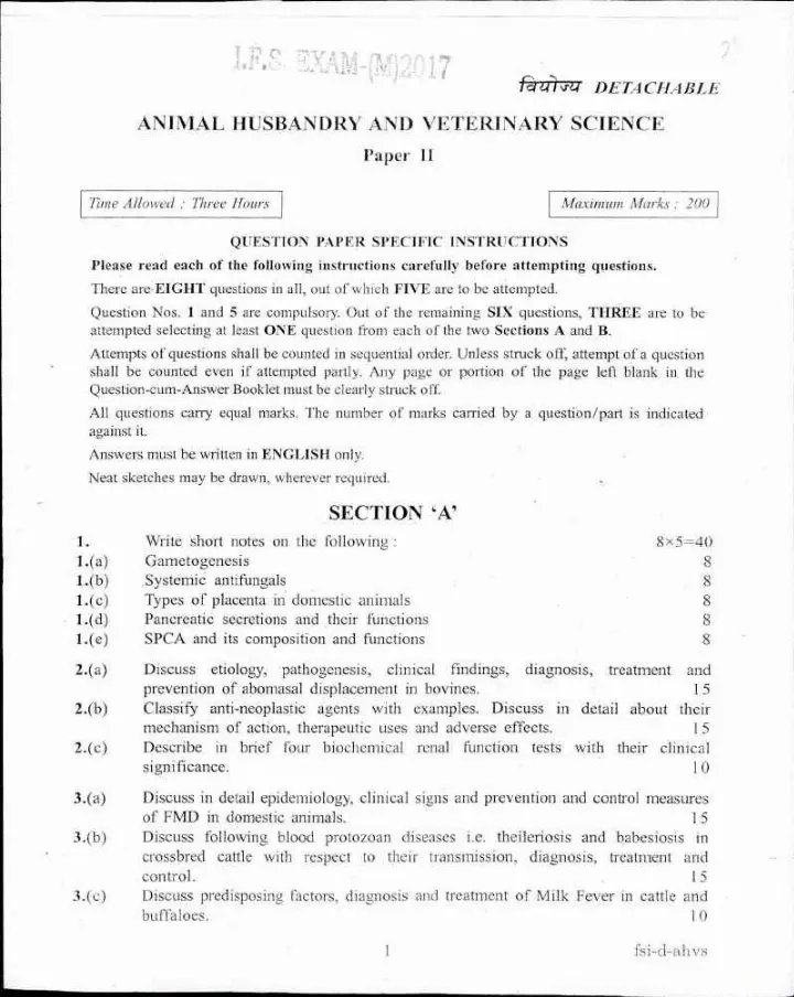 Indian Forest Service Main 2017 Animal Husbandry and Veterinary Science Paper II question paper page 1 scan, showing exam instructions and header details. PDF download.