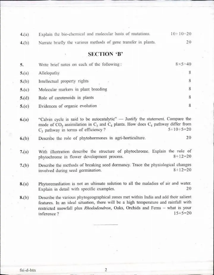 Indian Forest Service Main 2017 Botany Paper II question paper page 1 instructions scan PDF download