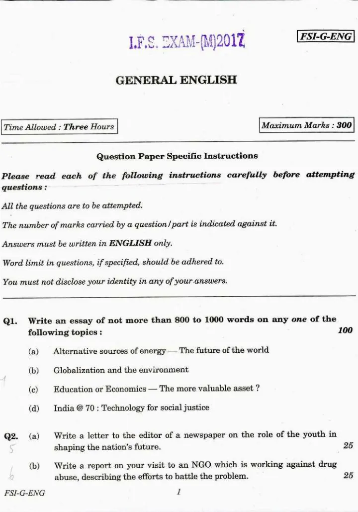 UPSC Indian Forest Service (Main) 2017 General English question paper page 1 scan, showing exam details, paper code FSI-G-ENG, maximum marks, time allowed, and specific instructions for candidates. PDF download.