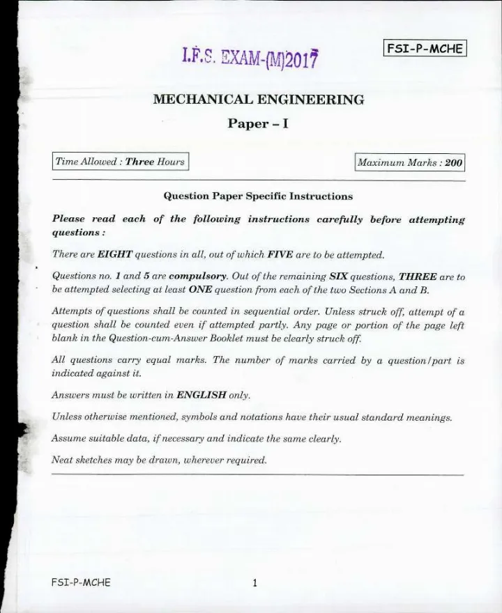Indian Forest Service (Main) Examination 2017 Mechanical Engineering Paper I question paper page 1 scan showing exam name, subject, time, marks, and instructions. UPSC IFS exam PDF download.