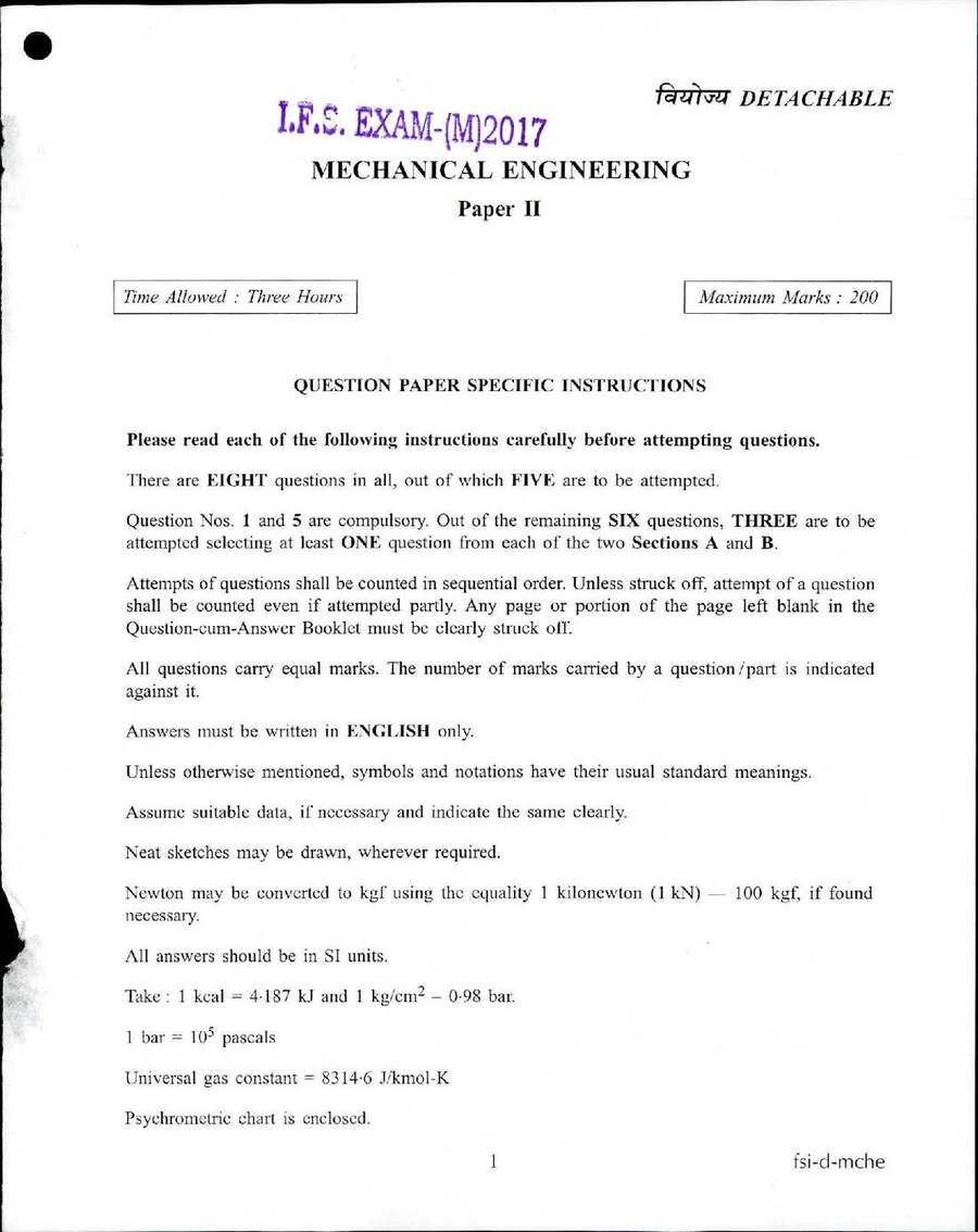 Indian Forest Service Main 2017 Mechanical Engineering Paper II question paper page 1 instructions scan PDF download
