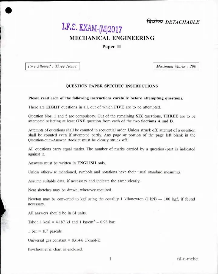 Indian Forest Service Main 2017 Mechanical Engineering Paper II question paper page 1 instructions scan PDF download
