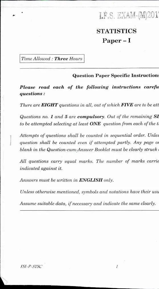 Indian Forest Service Main 2017 Statistics Paper I question paper page 1 instructions scan PDF download UPSC