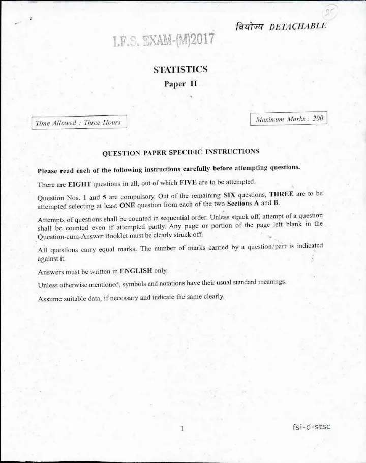 IFS Main 2017 Statistics Paper II question paper page 1 instructions scan PDF download UPSC Indian Forest Service previous year paper