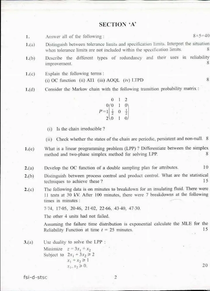 IFS Main 2017 Statistics Paper II question paper page 1 instructions scan PDF download UPSC Indian Forest Service previous year paper