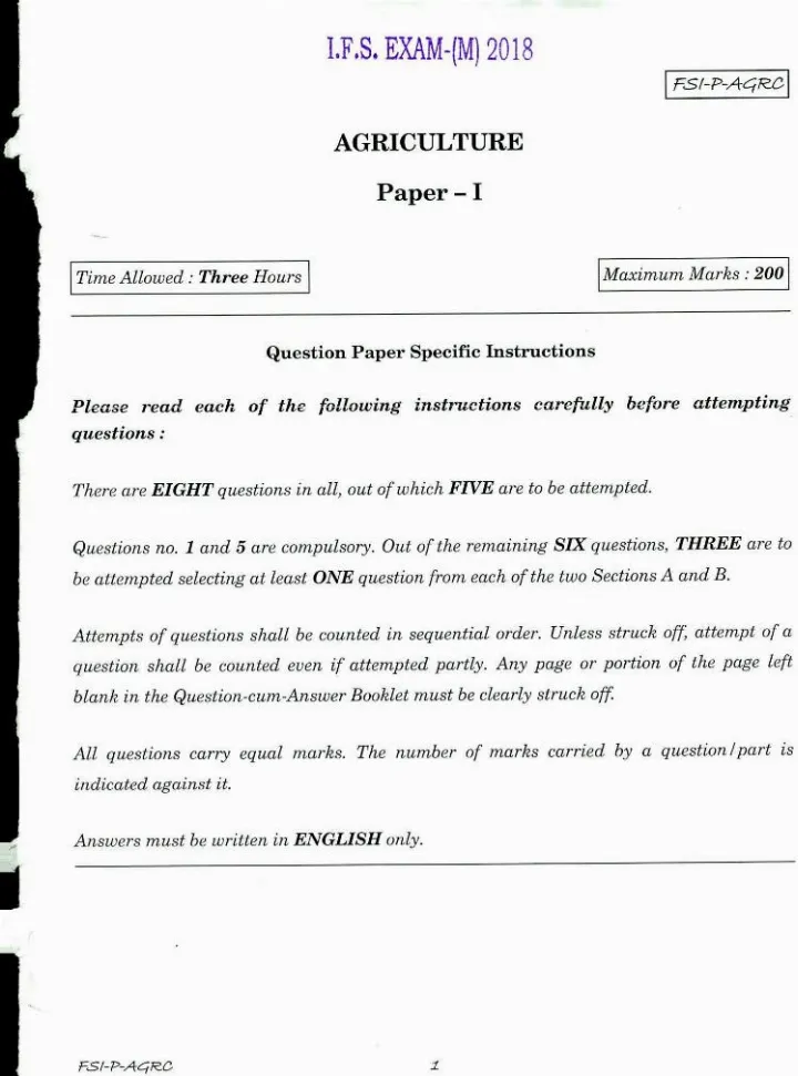 Indian Forest Service (Main) Examination 2018 Agriculture Paper I question paper page 1 scan, showing exam name, marks, time, and instructions. PDF download available.
