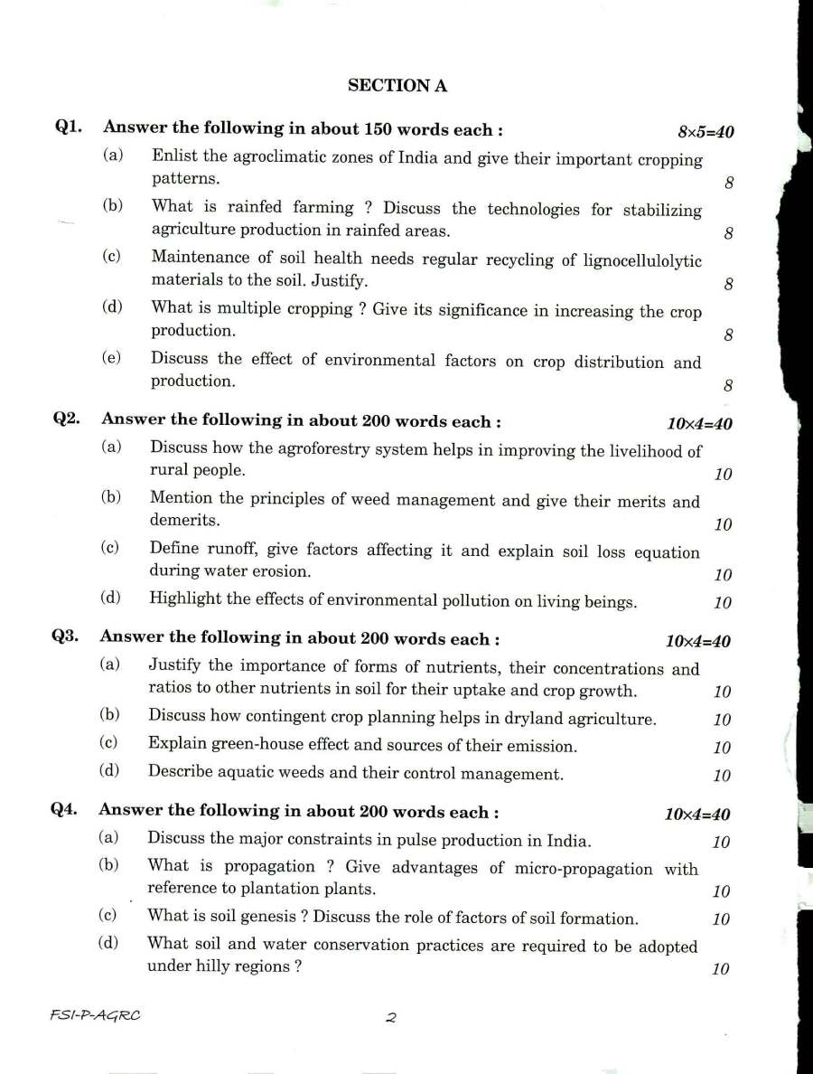 Indian Forest Service (Main) Examination 2018 Agriculture Paper I question paper page 1 scan, showing exam name, marks, time, and instructions. PDF download available.