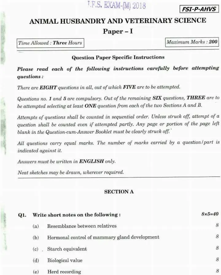 Indian Forest Service 2018 Main Exam Animal Husbandry and Veterinary Science Paper I page 1 instructions scan PDF download