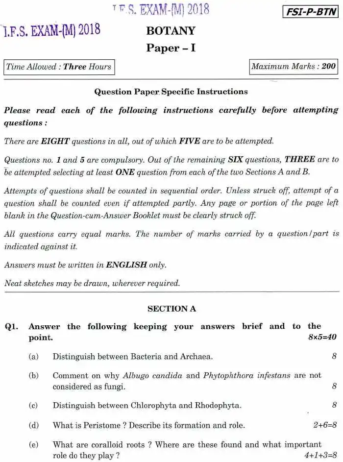 Indian Forest Service Main 2018 Botany Paper I question paper page 1 instructions scan PDF download UPSC IFS exam