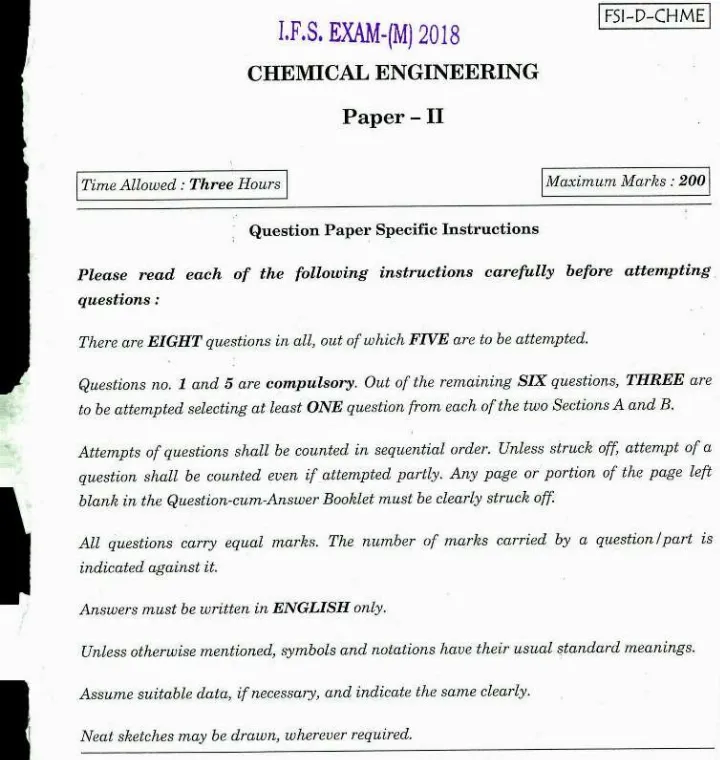 Indian Forest Service 2018 Main Examination Chemical Engineering Paper II question paper page 1 instructions scan PDF download