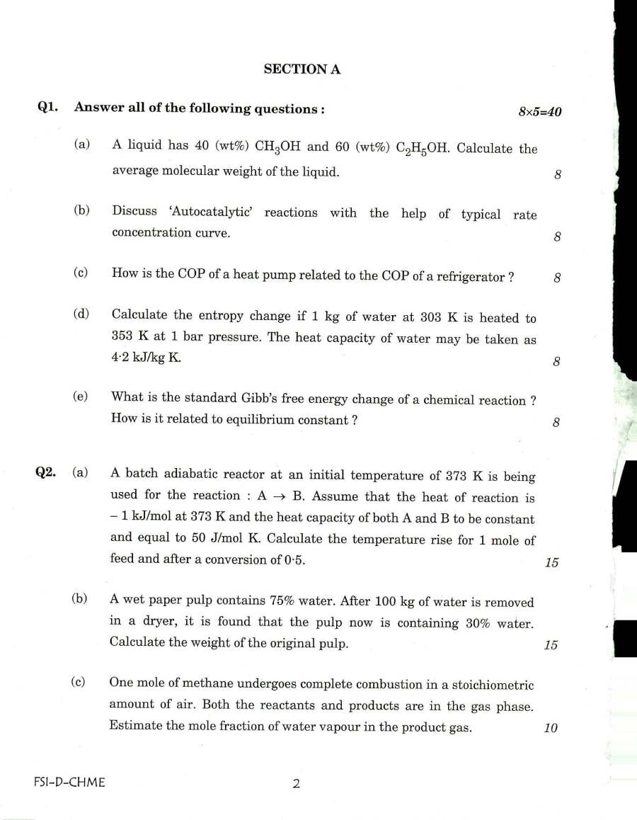 Indian Forest Service 2018 Main Examination Chemical Engineering Paper II question paper page 1 instructions scan PDF download