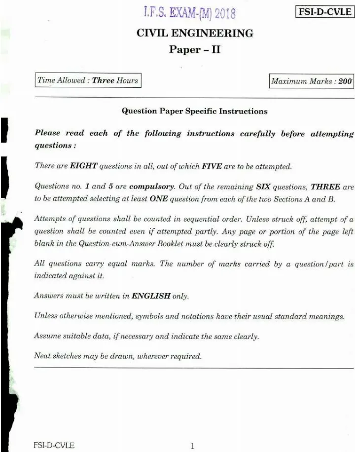 Indian Forest Service Main 2018 Civil Engineering Paper II question paper page 1 instructions scan PDF download. UPSC IFS 2018 exam details.