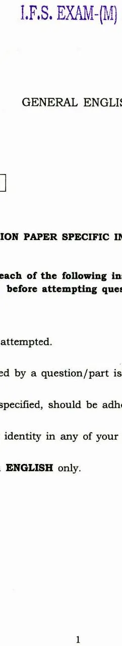 Indian Forest Service Main 2018 General English question paper page 1 scan, showing exam header and specific instructions. UPSC IFS Mains 2018 English paper PDF download.