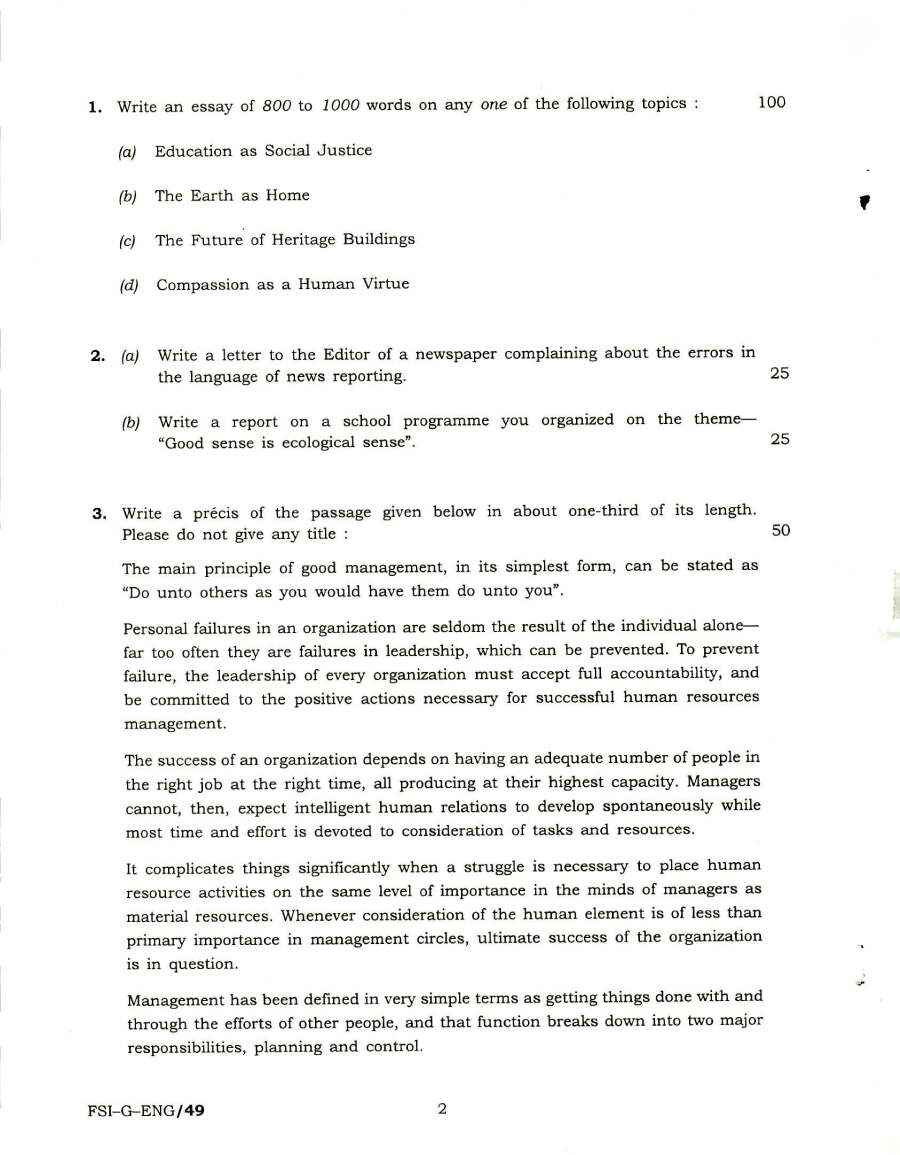 Indian Forest Service Main 2018 General English question paper page 1 scan, showing exam header and specific instructions. UPSC IFS Mains 2018 English paper PDF download.