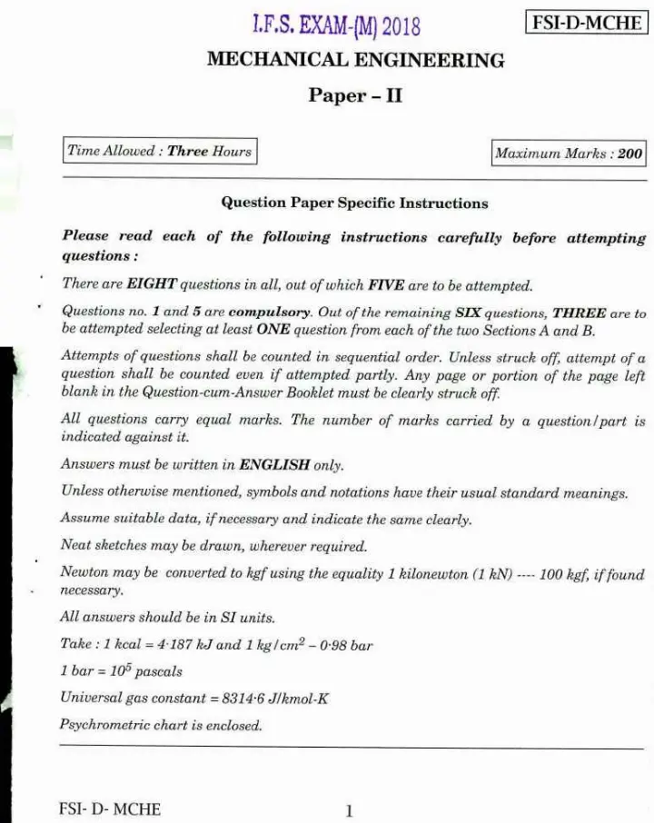 Indian Forest Service Main 2018 Mechanical Engineering Paper II question paper page 1 instructions scan PDF download