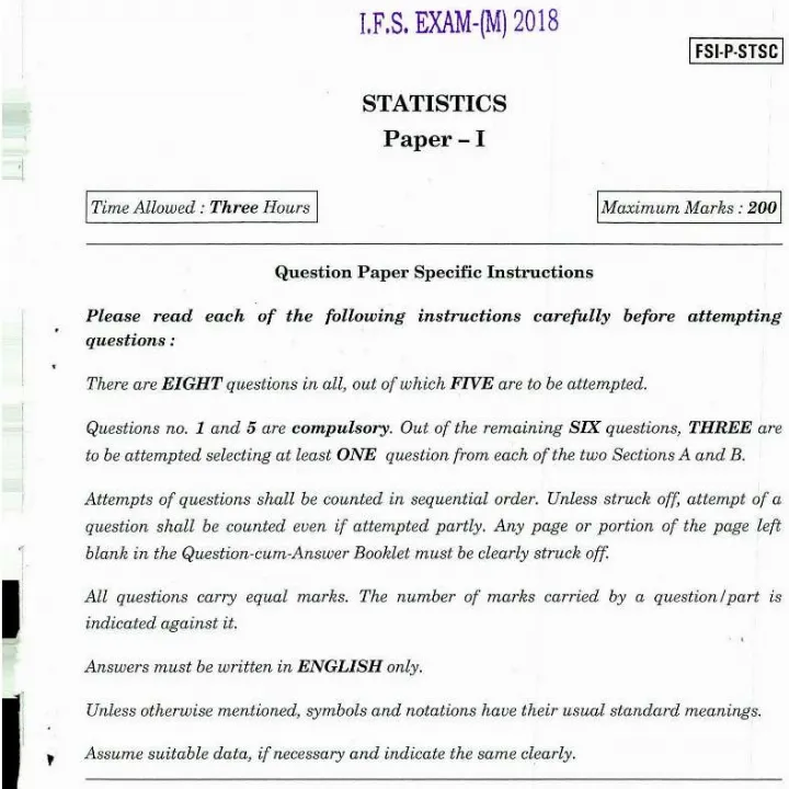 Indian Forest Service Main 2018 Statistics Paper-I question paper page 1 instructions scan PDF download