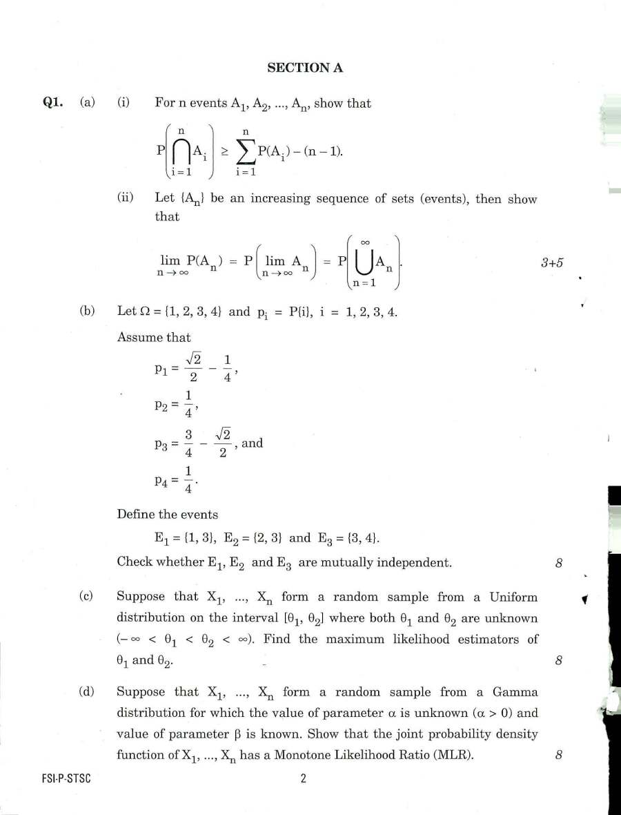 Indian Forest Service Main 2018 Statistics Paper-I question paper page 1 instructions scan PDF download
