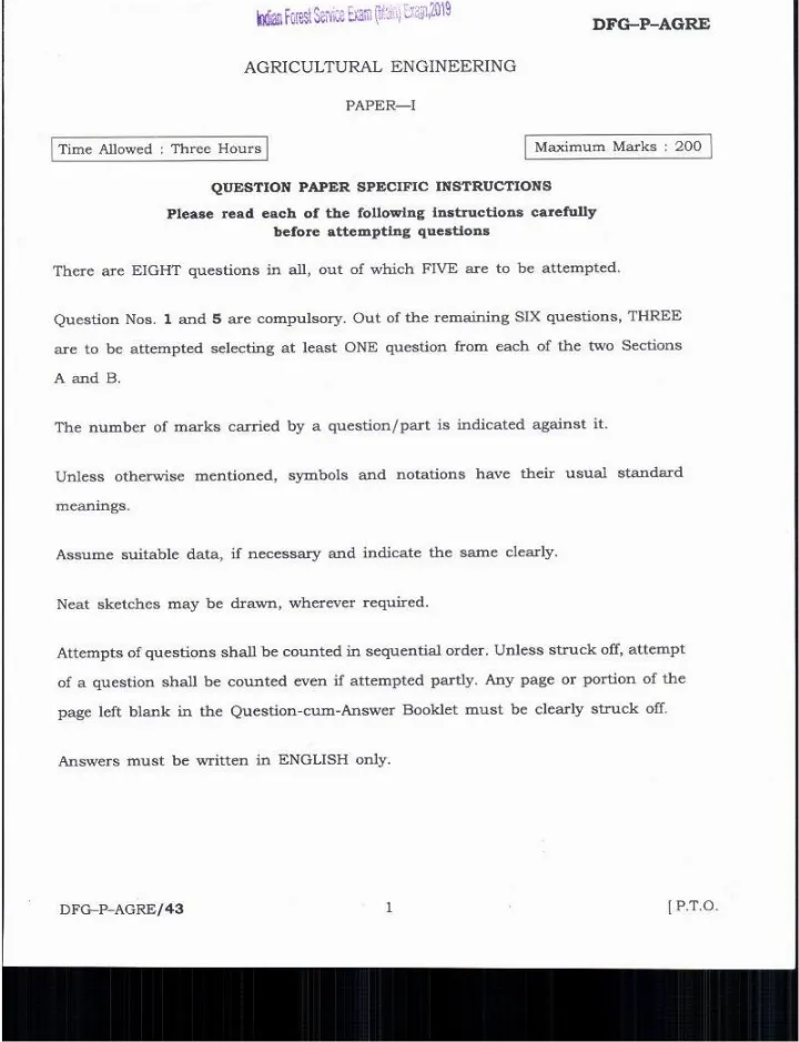 Indian Forest Service 2019 Agricultural Engineering Paper-I question paper page 1 instructions scan PDF download UPSC